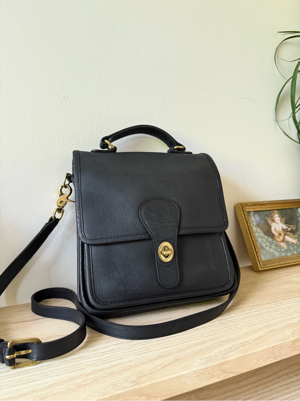 Coach Station Bag Vintage Black Leather Top-Handle Crossbody Bag Brass Unisex